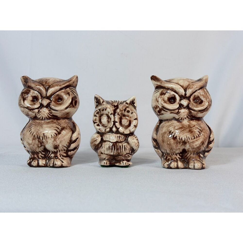 Ceramic Owl Family Mid Century Woodland Big Eyes Brown 1970s Kitschy Vintage